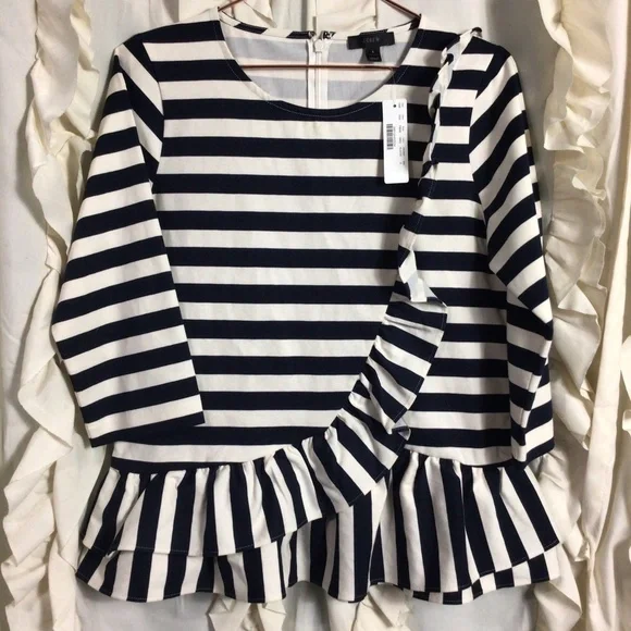NWT J. Crew Asymmetrical Striped Peplum Ruffle Top Small Navy White - Picture 2 of 6